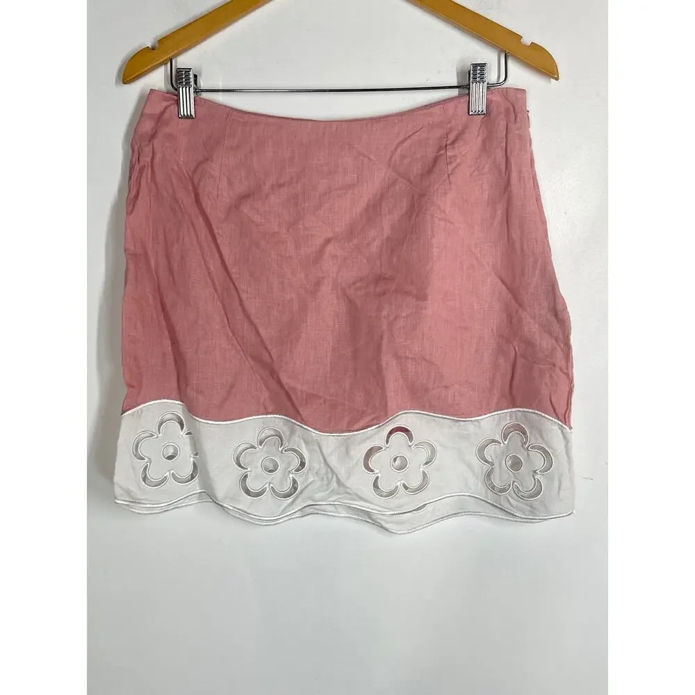Staud Margaux Skirt Linen Floral Eyelet Embroidered Mini A-Line Pink White 10